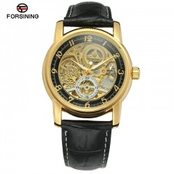 Черно-Золотые механические часы FORSINING, повседневные стильные полые круглые механические часы, мужские и женские наручные часы с ремешком