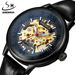 Мужские механические часы SHENHUA, черные механические часы из натуральной кожи с золотым скелетом и короной